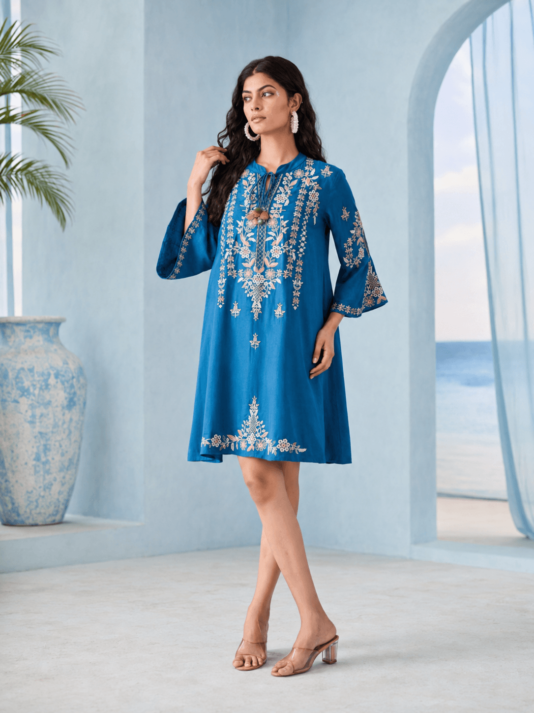 Blue Meher Embroidered Dress(Above knee length)