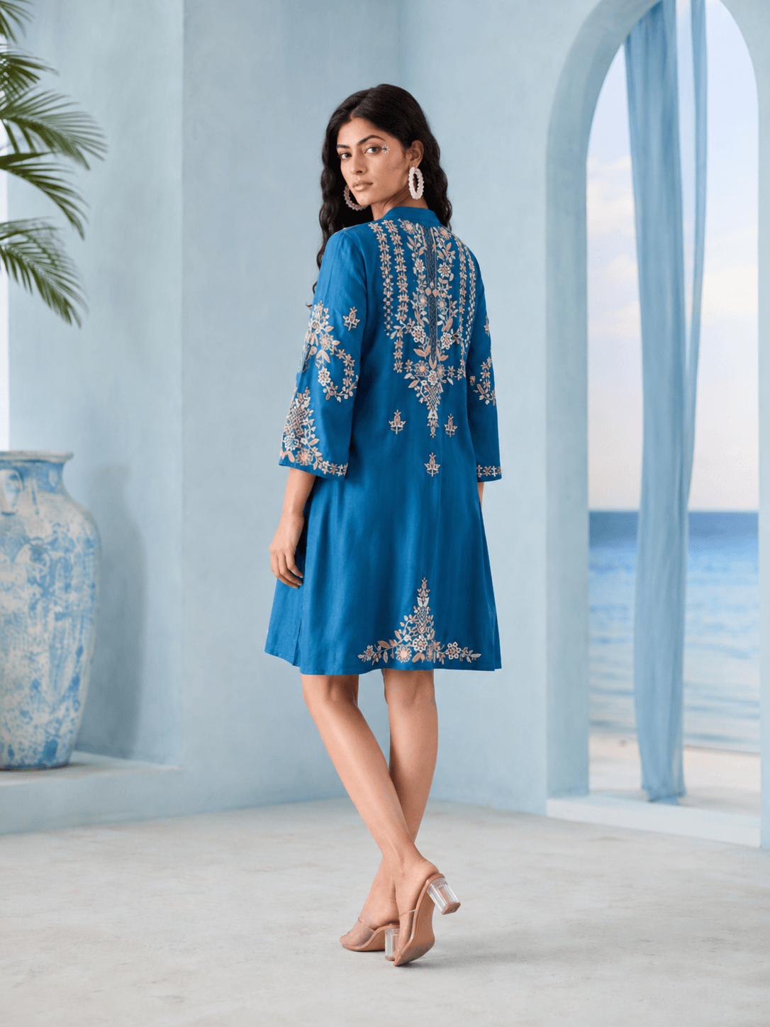 Blue Meher Embroidered Dress(Above knee length)