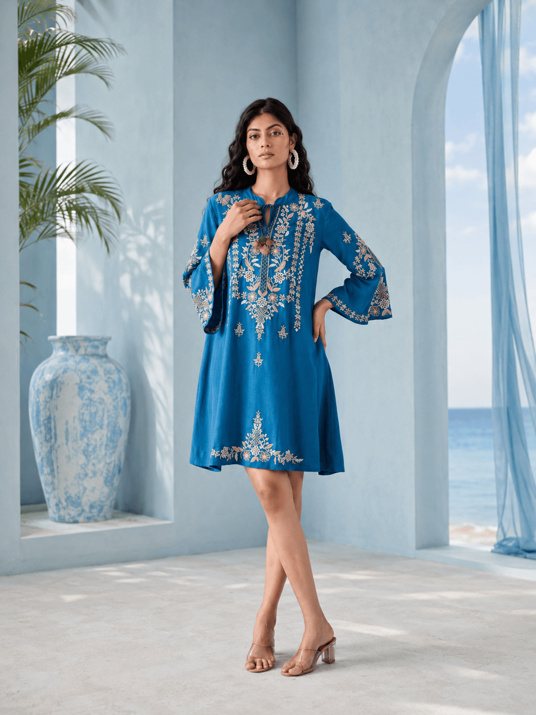 Blue Meher Embroidered Dress(Above knee length)