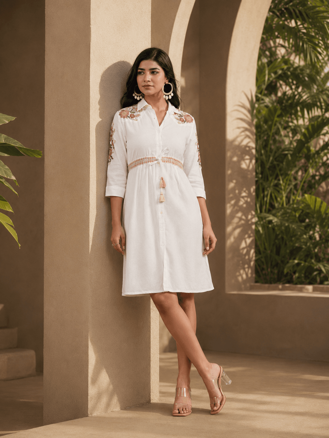 White Elegant Embroidered One Piece(knee length)