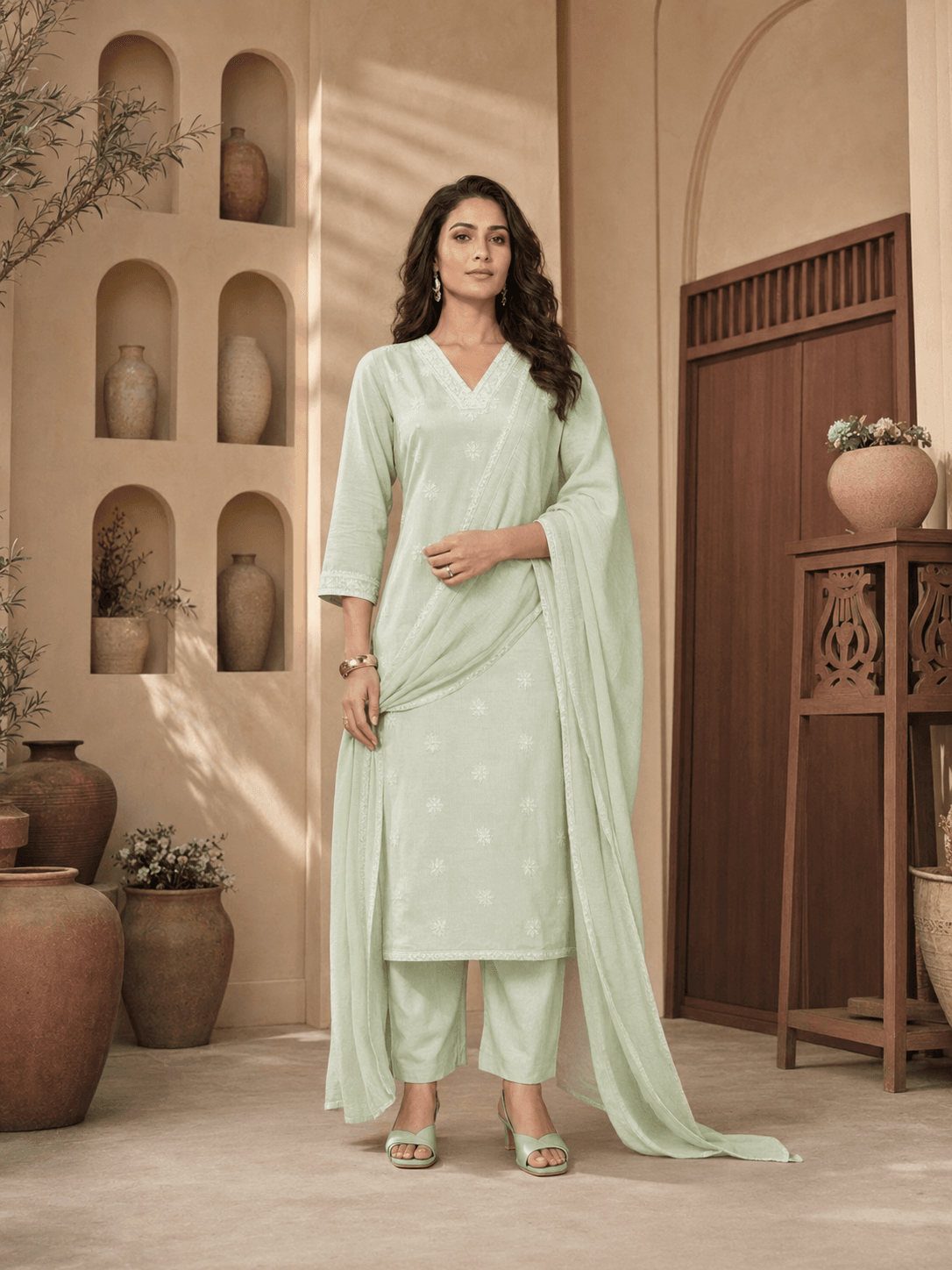 Pista Green Embroidered Dupatta Set
