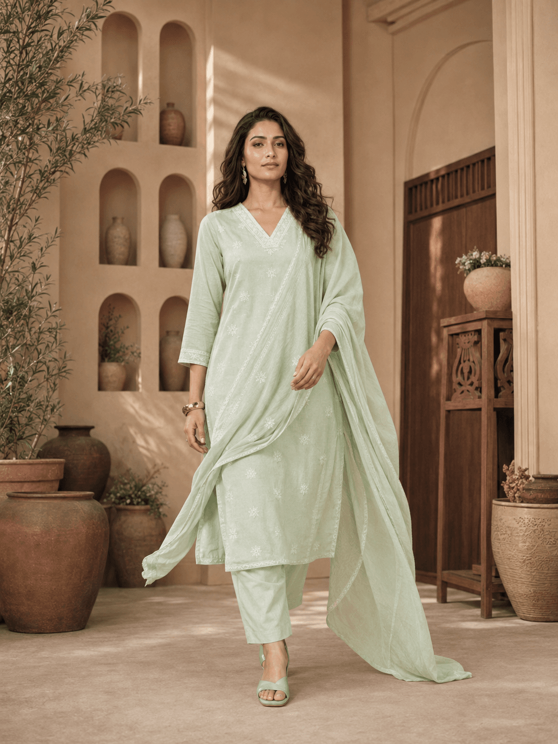 Pista Green Embroidered Dupatta Set