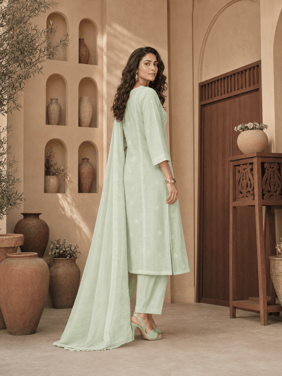 Pista Green Embroidered Dupatta Set