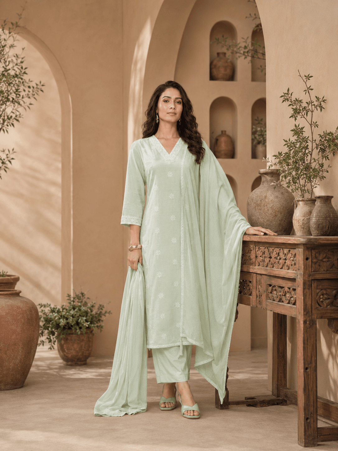 Pista Green Embroidered Dupatta Set