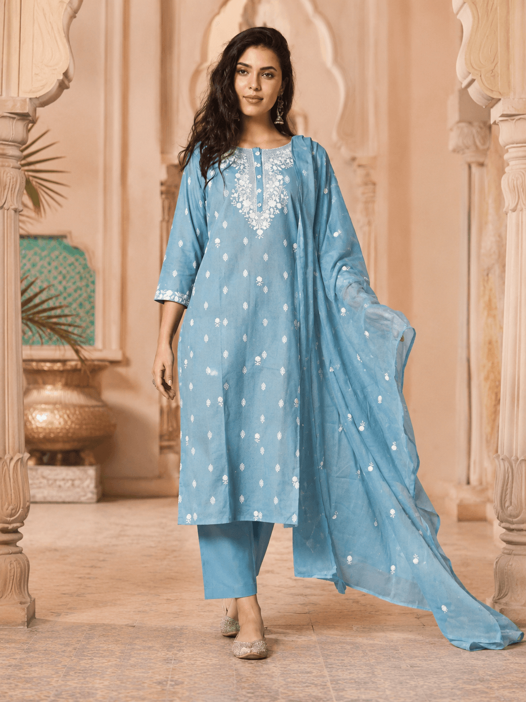 Sky Blue Embroidered Dupatta Set