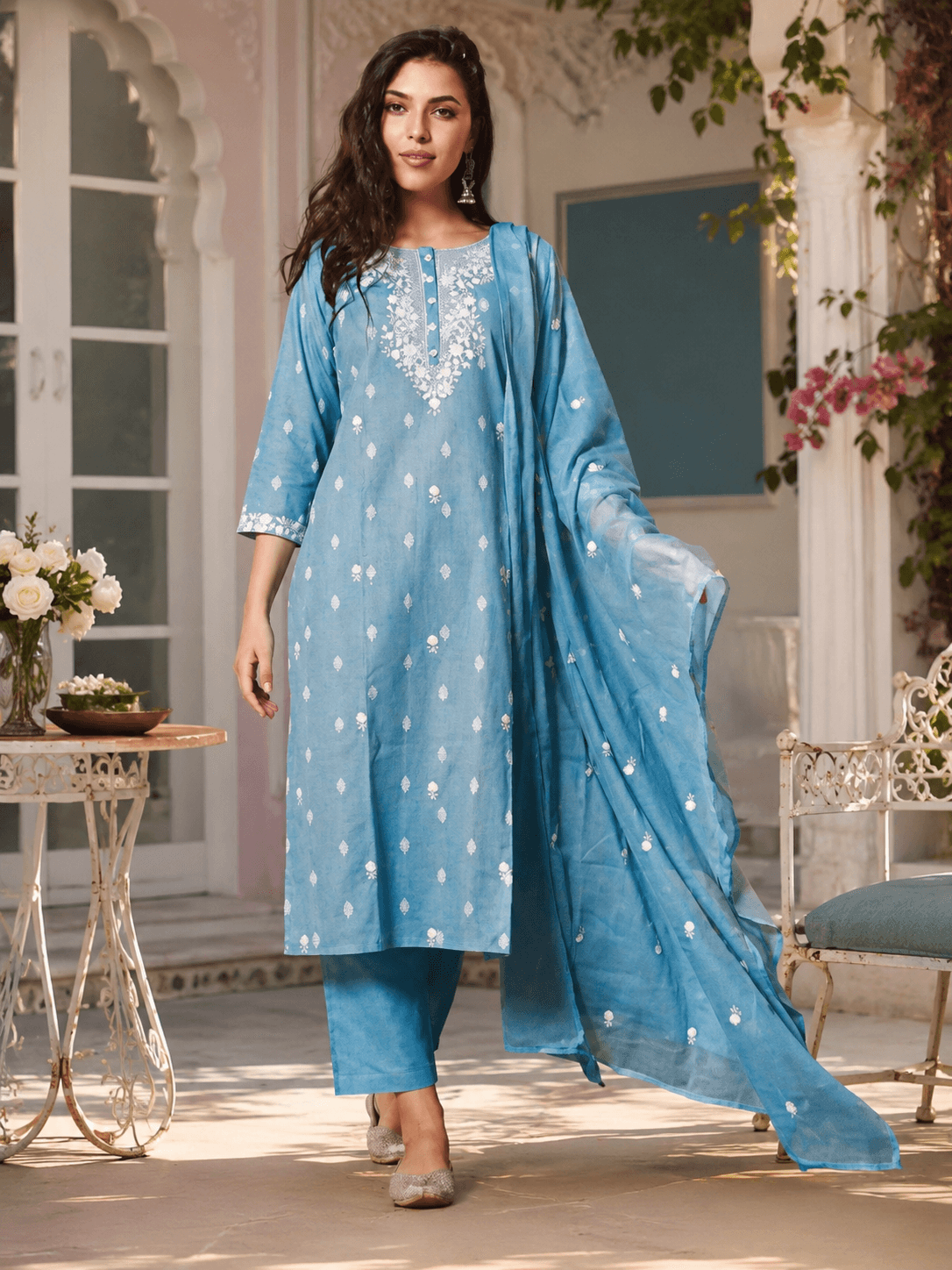 Sky Blue Embroidered Dupatta Set