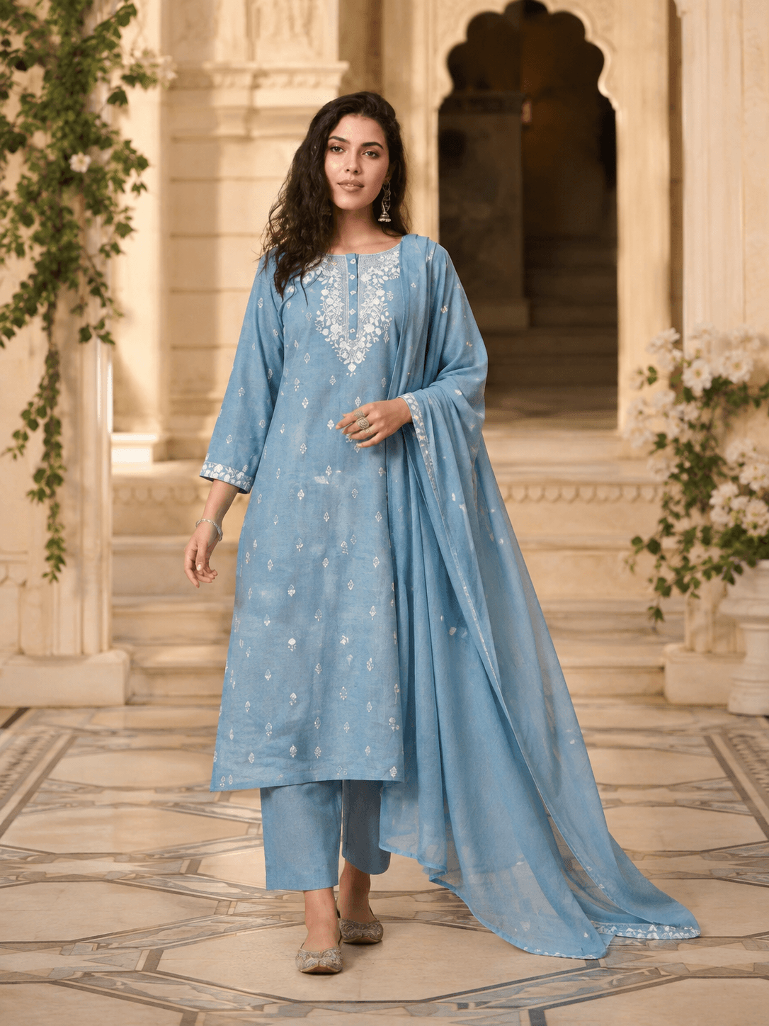 Sky Blue Embroidered Dupatta Set
