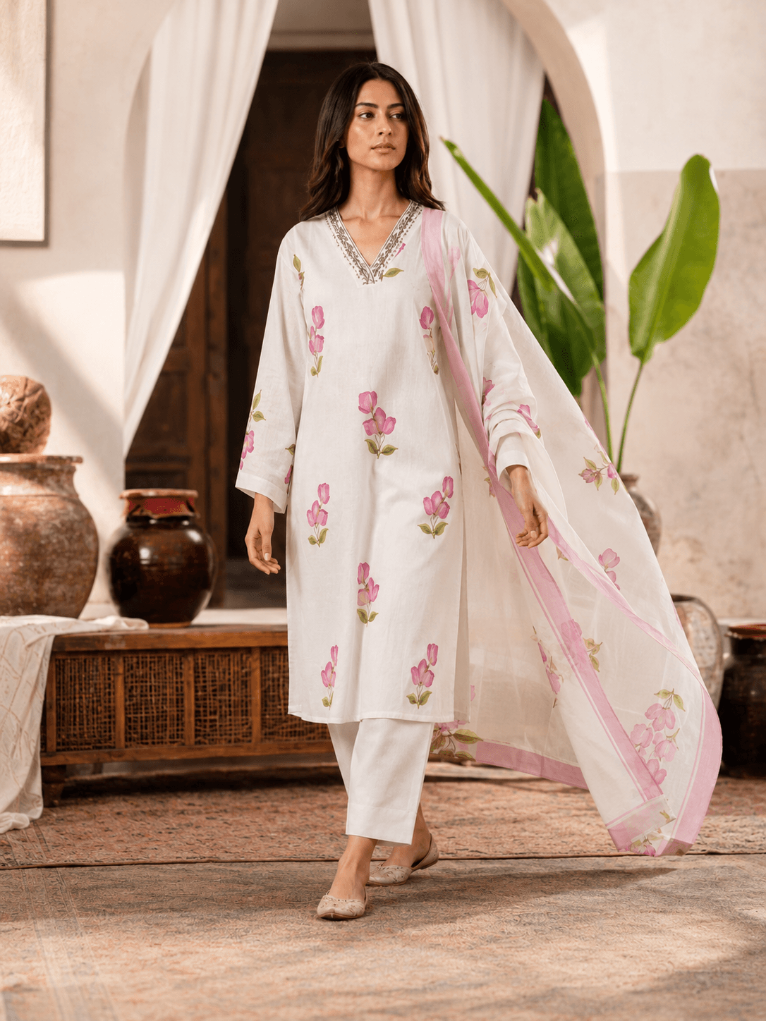 Ivory Floral Dupatta Set
