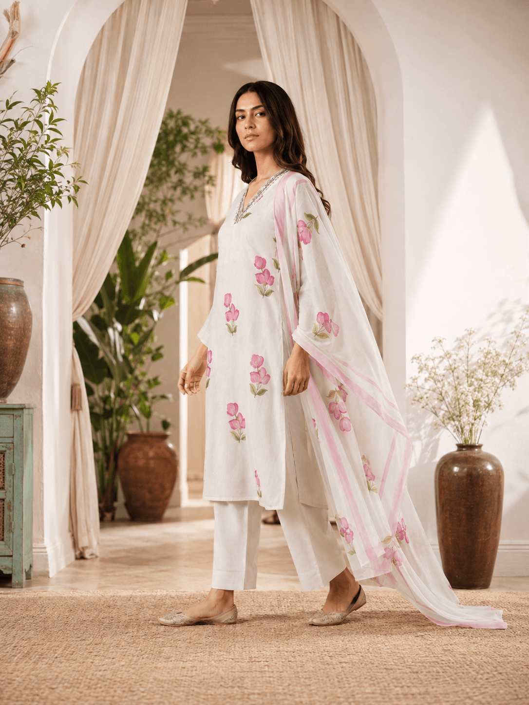 Ivory Floral Dupatta Set