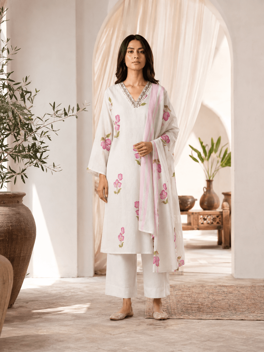 Ivory Floral Dupatta Set