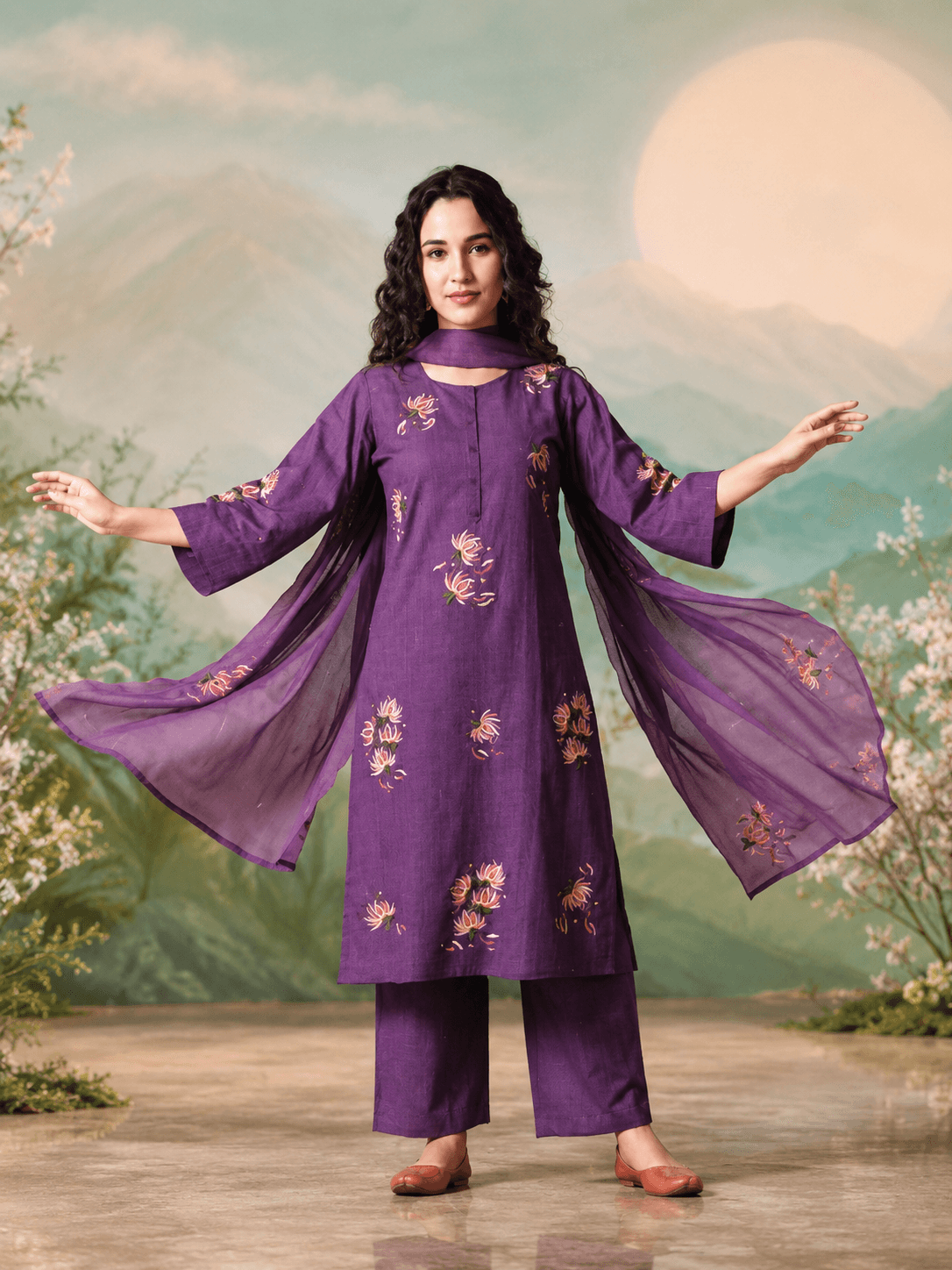 Iraaya Purple Floral Dupatta Set