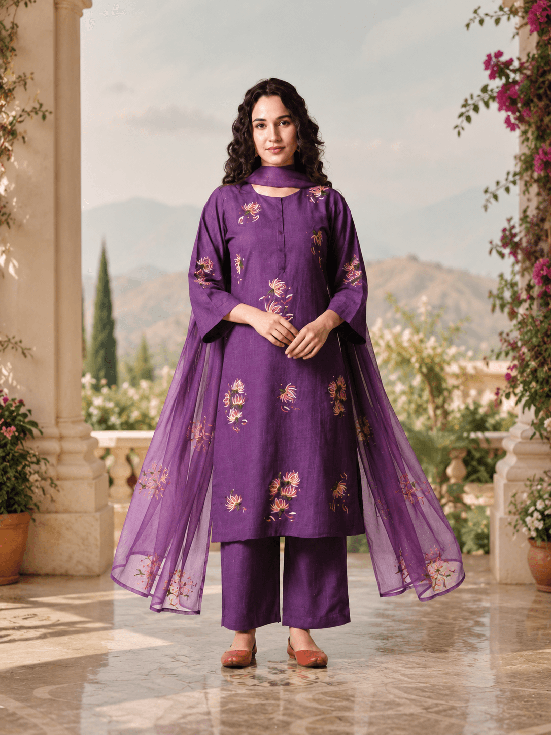 Iraaya Purple Floral Dupatta Set