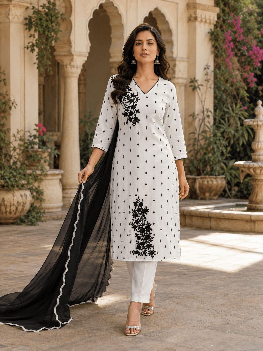 Ivory Black Floral Dupatta Set