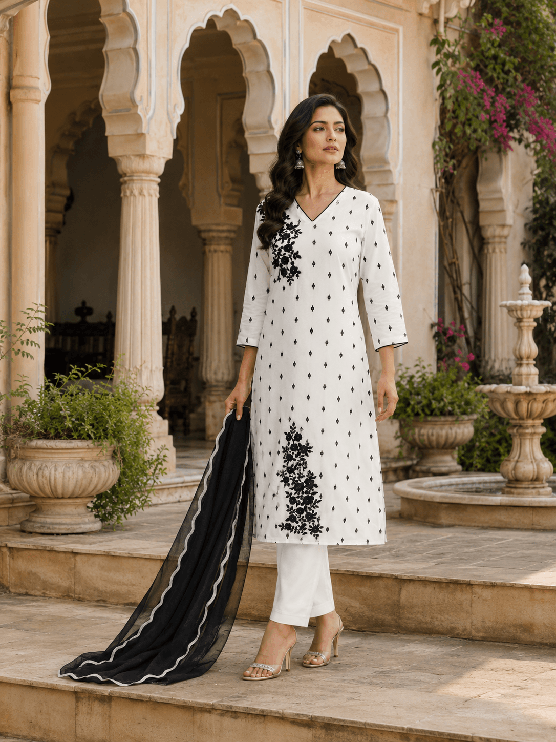 Ivory Black Floral Dupatta Set