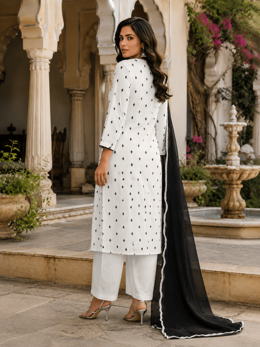 Ivory Black Floral Dupatta Set