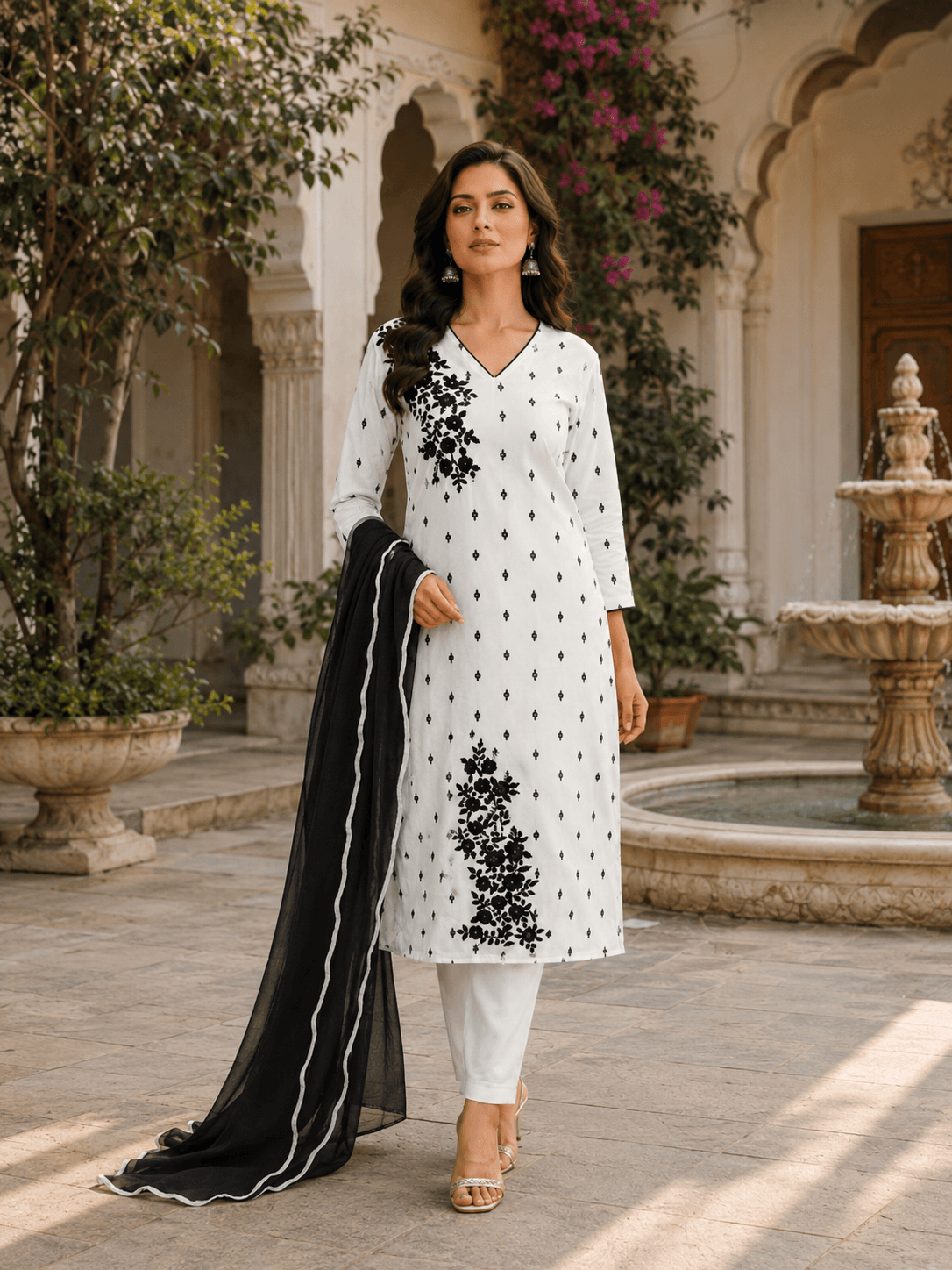 Ivory Black Floral Dupatta Set