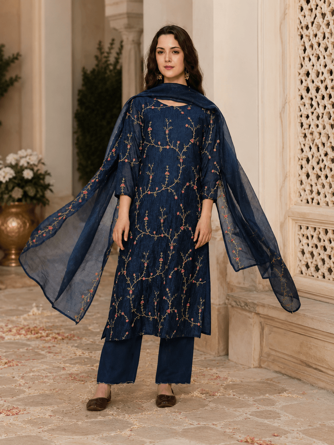 Navy Floral Vine Dupatta Set