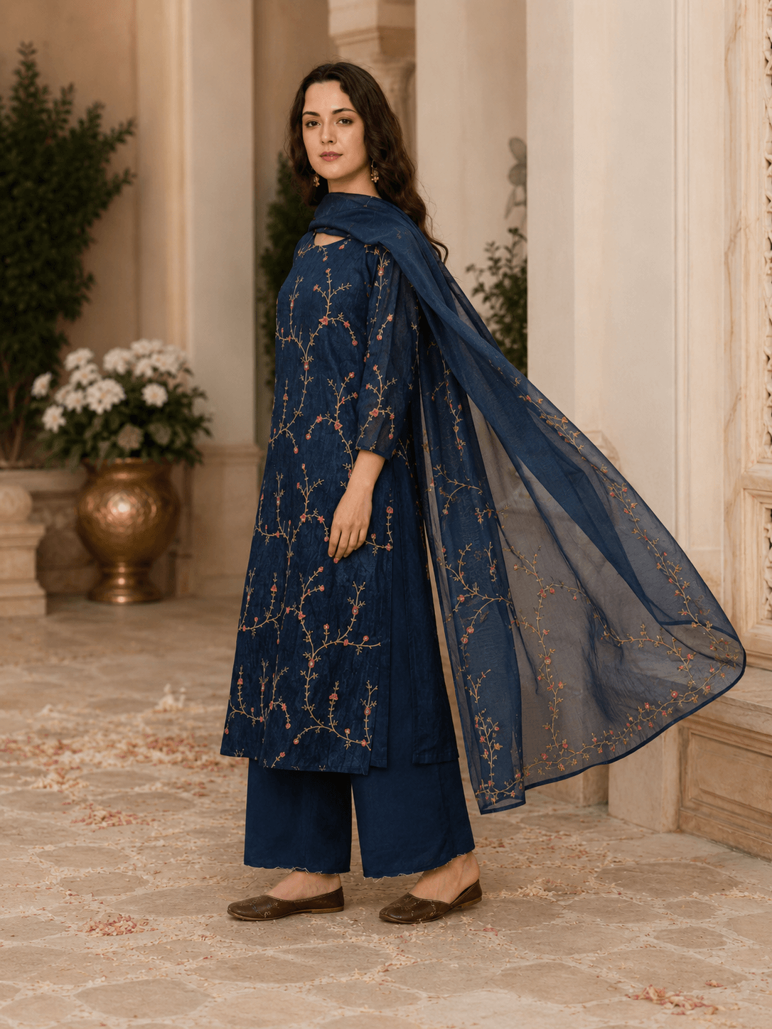 Navy Floral Vine Dupatta Set