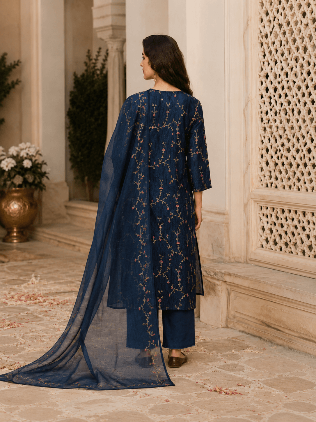 Navy Floral Vine Dupatta Set