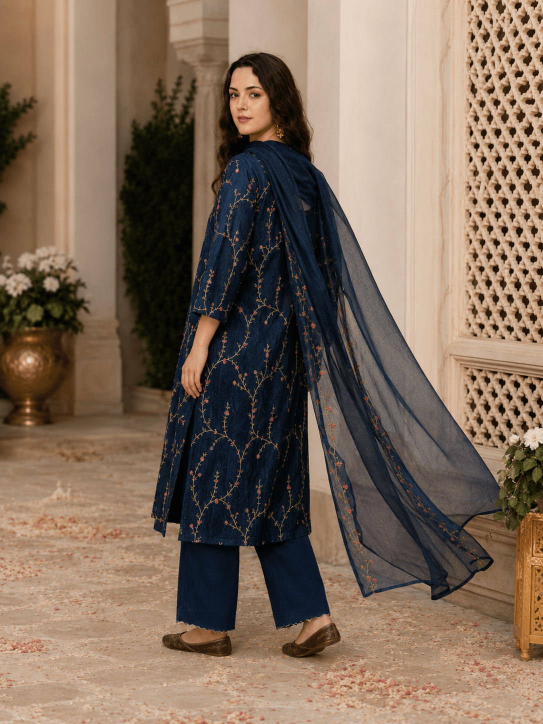 Navy Floral Vine Dupatta Set