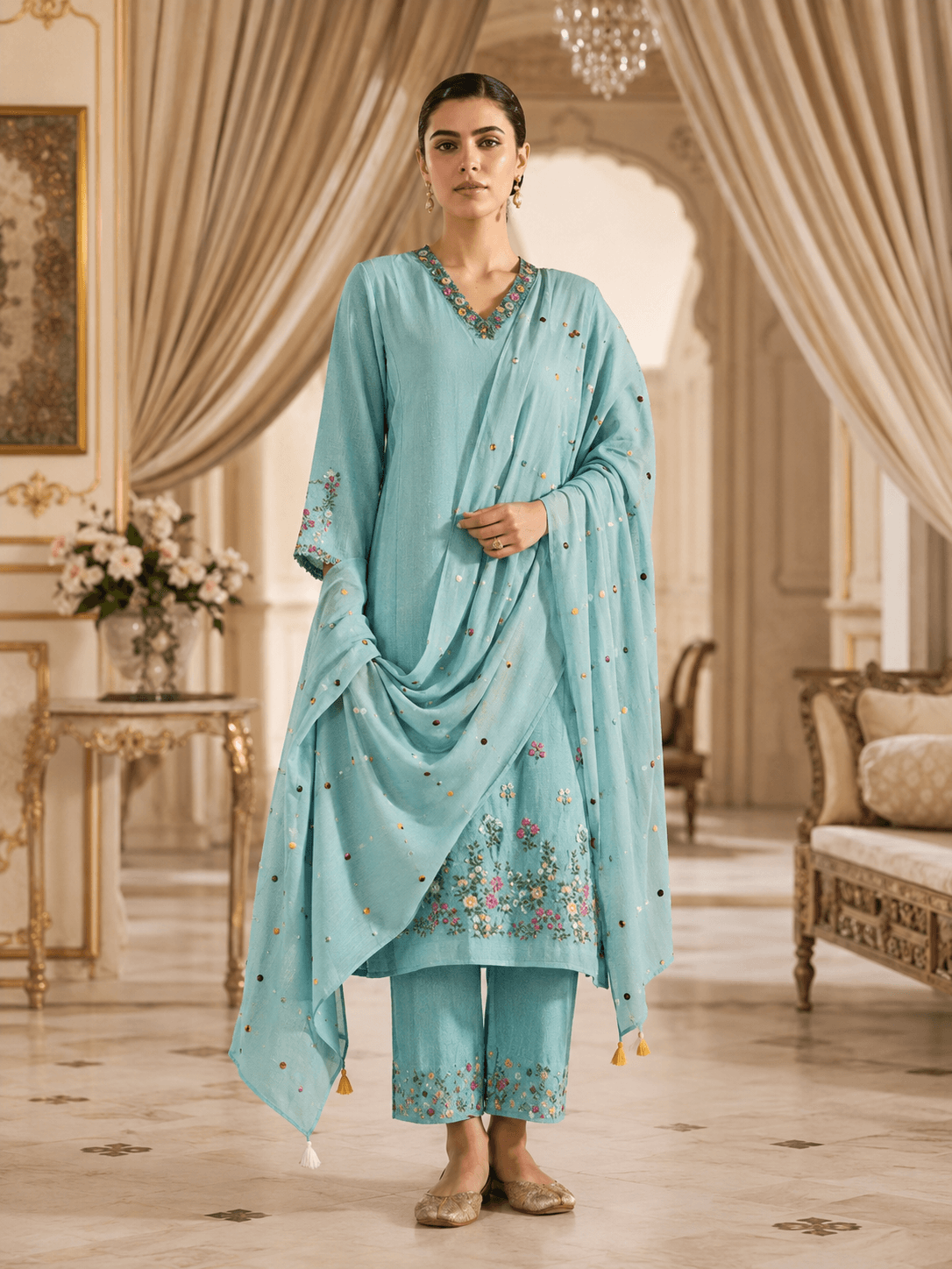Aqua Gulzar Embroidered Dupatta Set