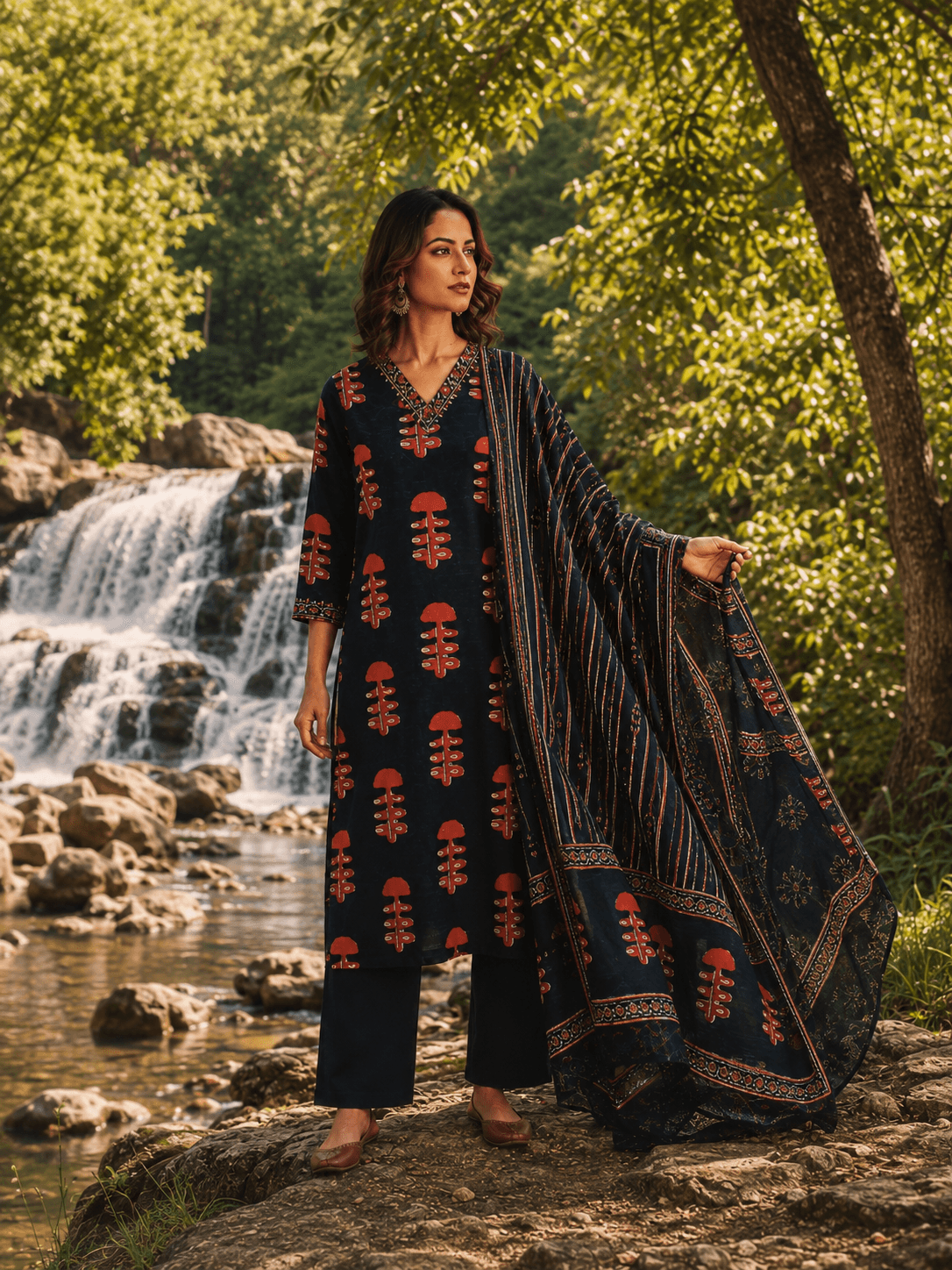 Indigo Rust Heritage Dupatta Set