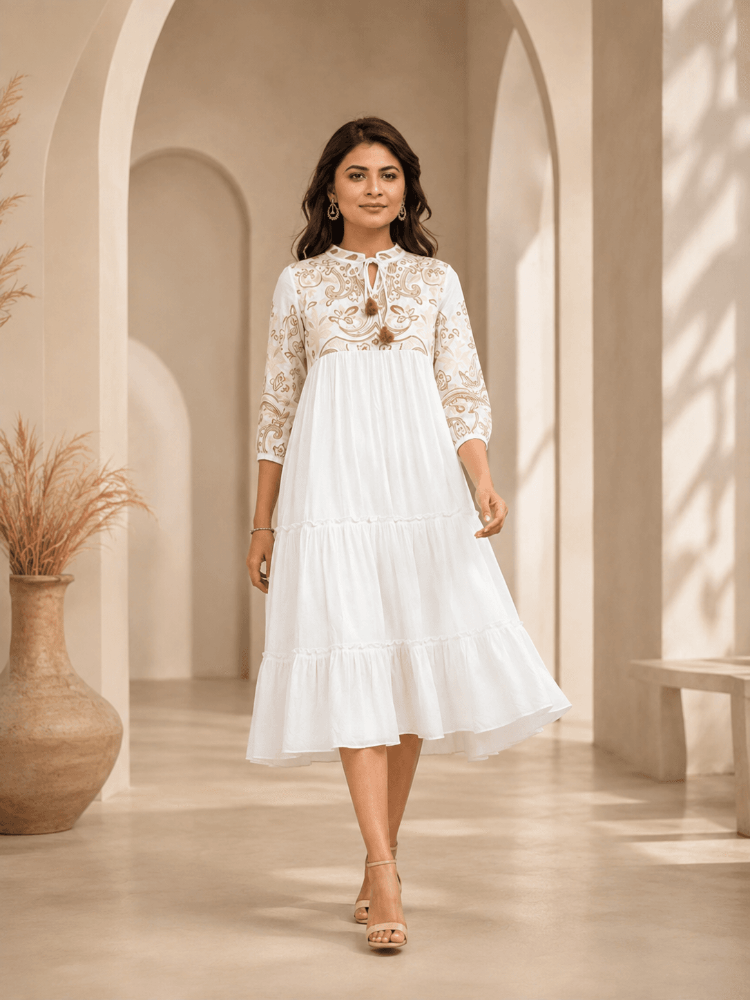 White Subtle Glamour 3/4 Midi Dress