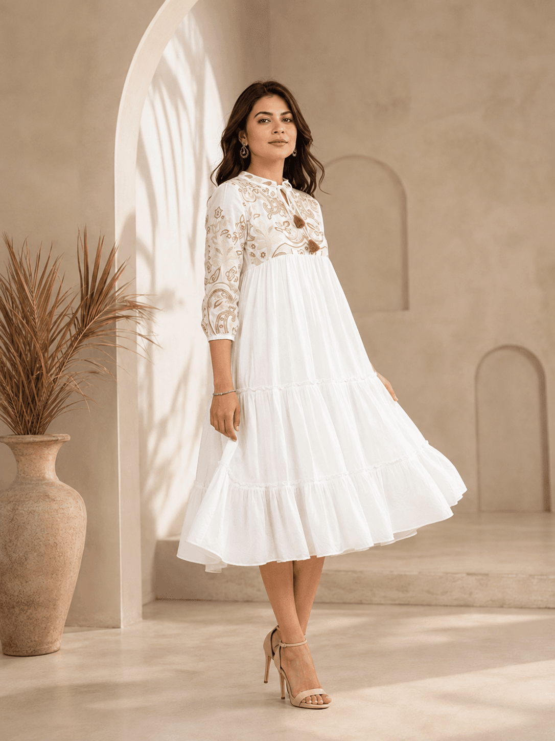White Subtle Glamour 3/4 Midi Dress