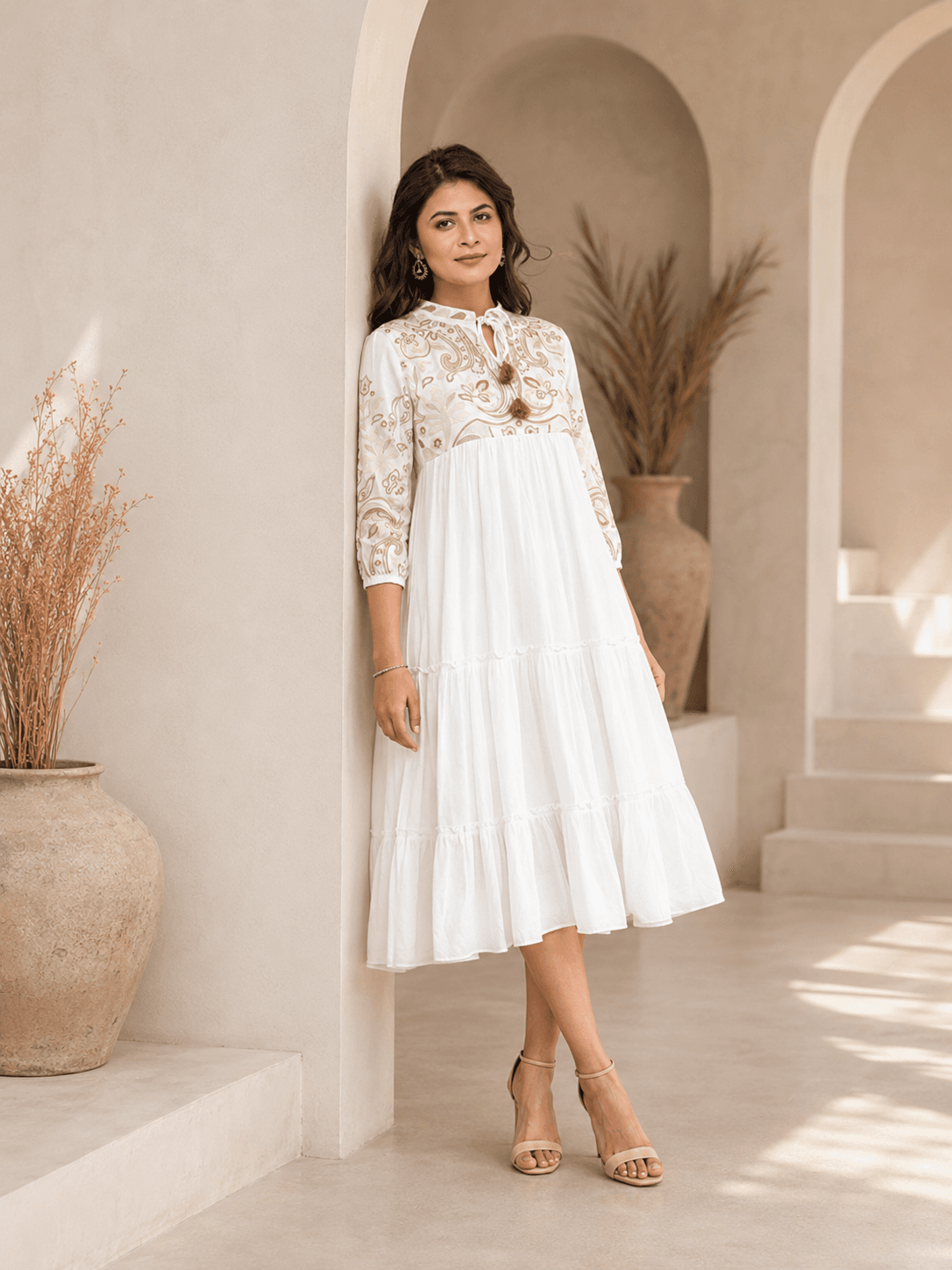 White Subtle Glamour 3/4 Midi Dress