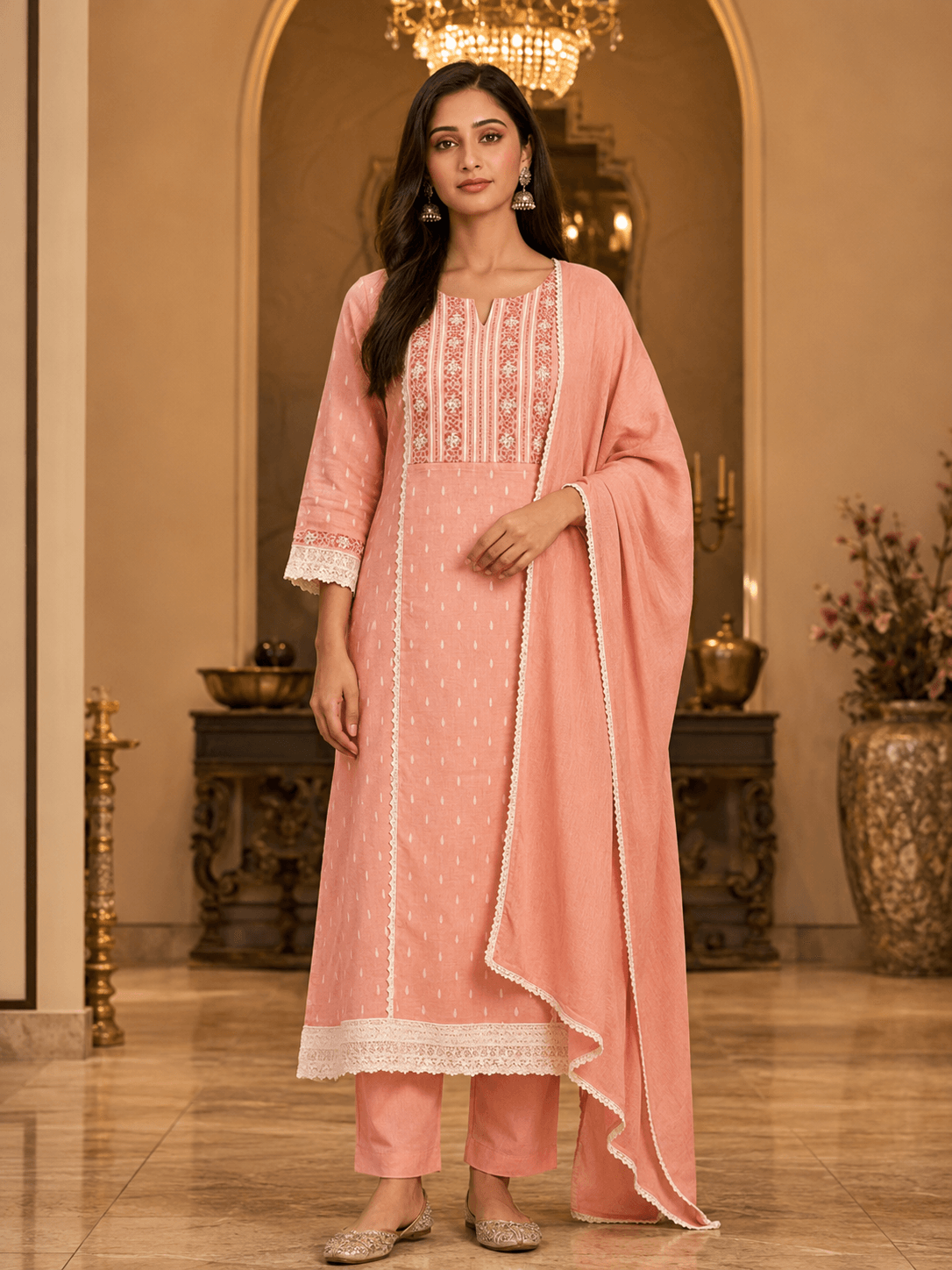 Blush Elegance Lace Dupatta Set