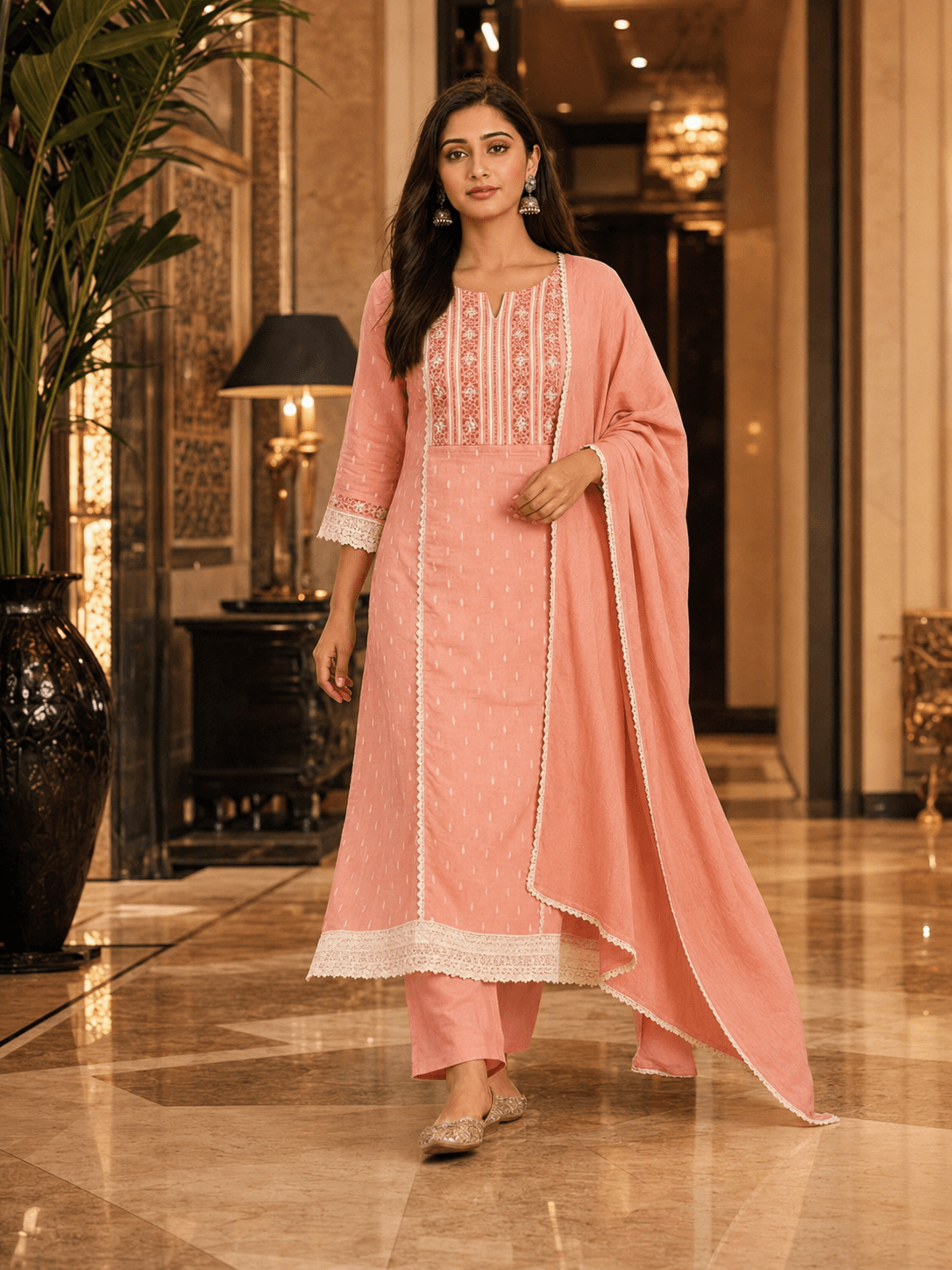 Blush Elegance Lace Dupatta Set