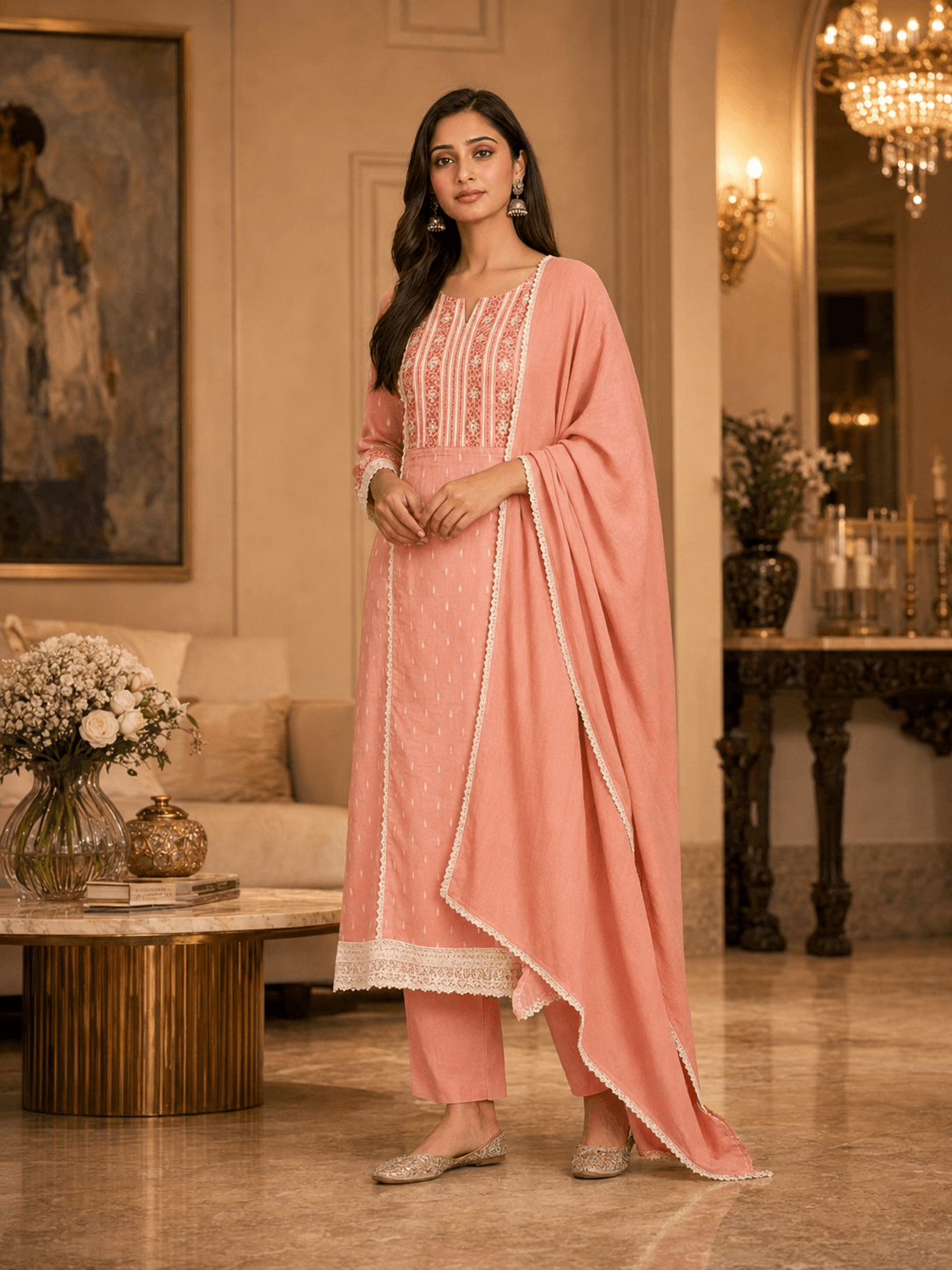Blush Elegance Lace Dupatta Set