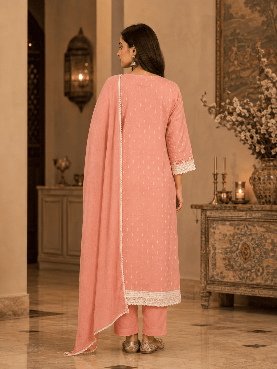 Blush Elegance Lace Dupatta Set