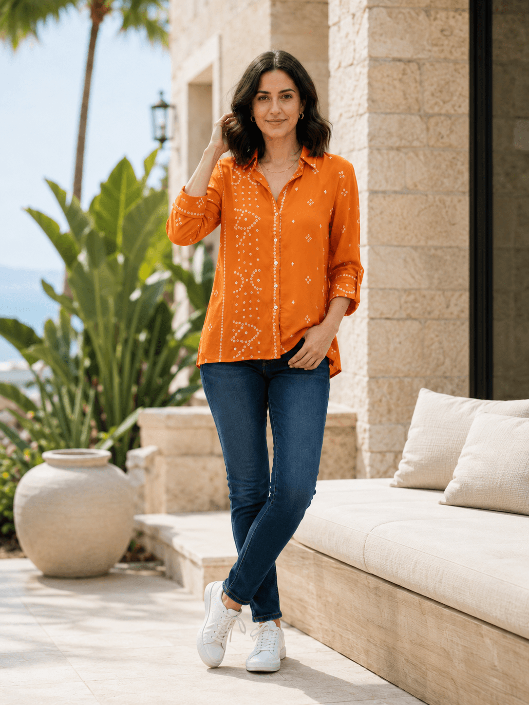 Orange Printed Casual Shirt