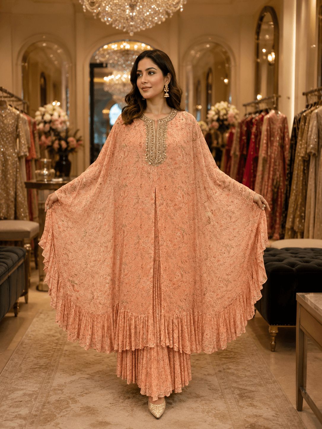Peach Aura Cape Palazzo Set