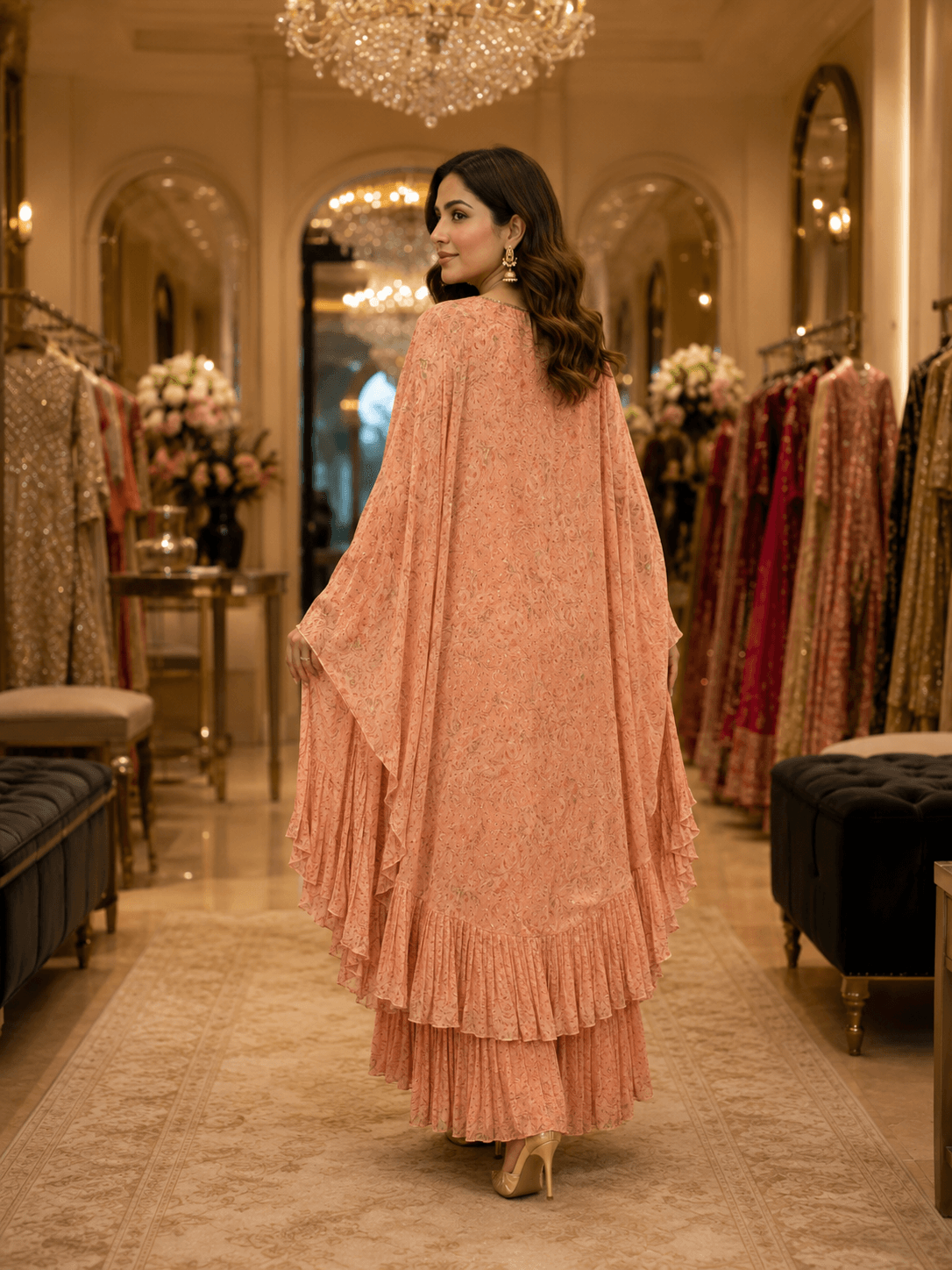 Peach Aura Cape Palazzo Set