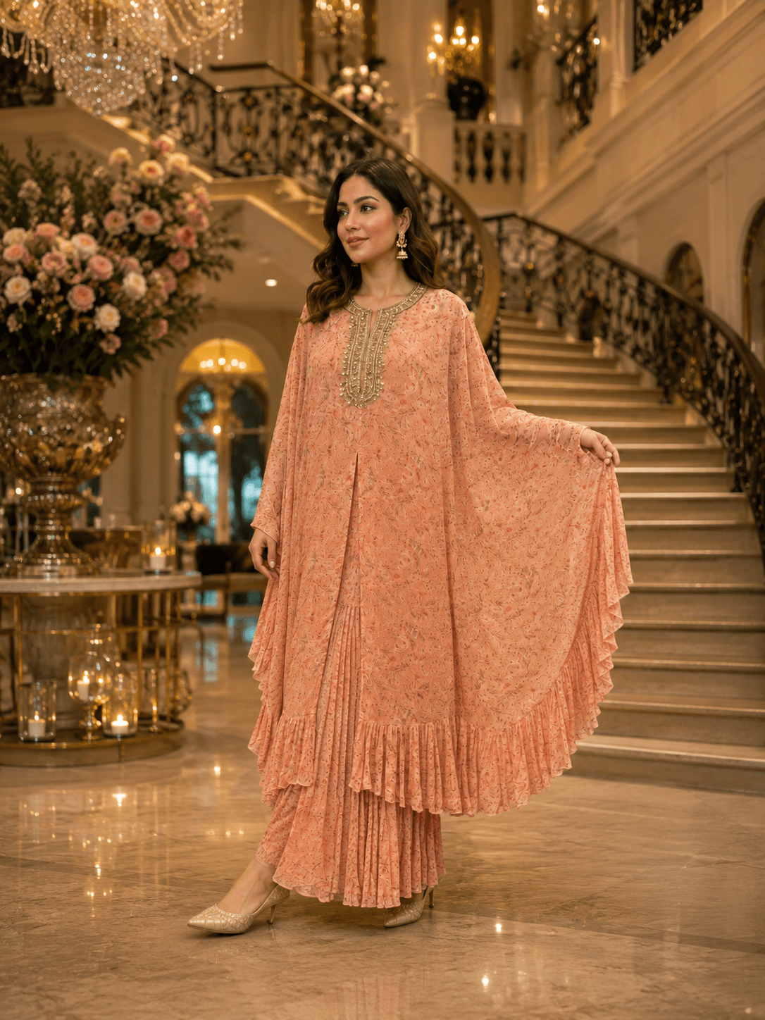 Peach Aura Cape Palazzo Set
