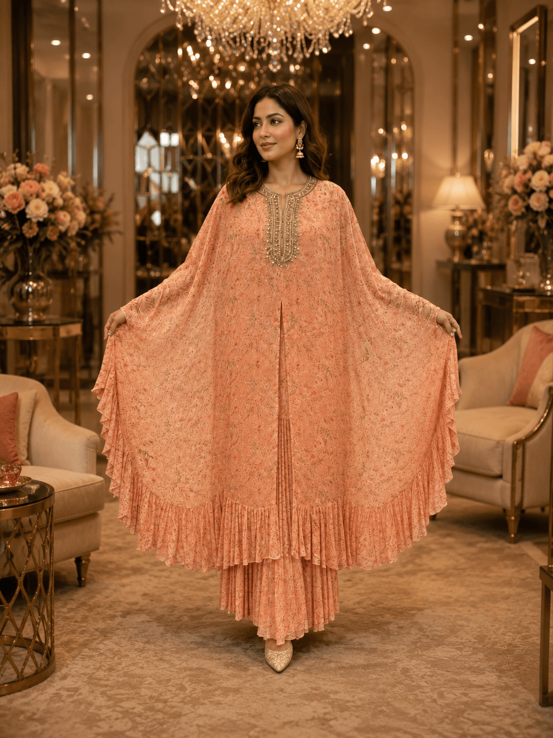 Peach Aura Cape Palazzo Set