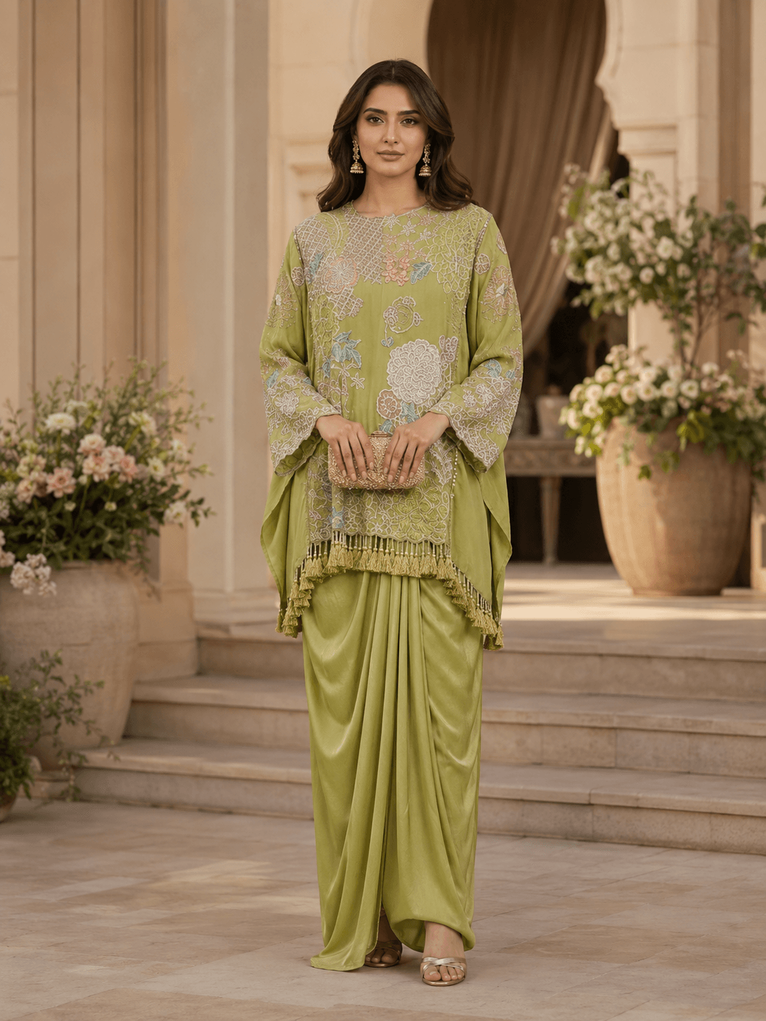 Mehfil Olive Draped LUNGI SET