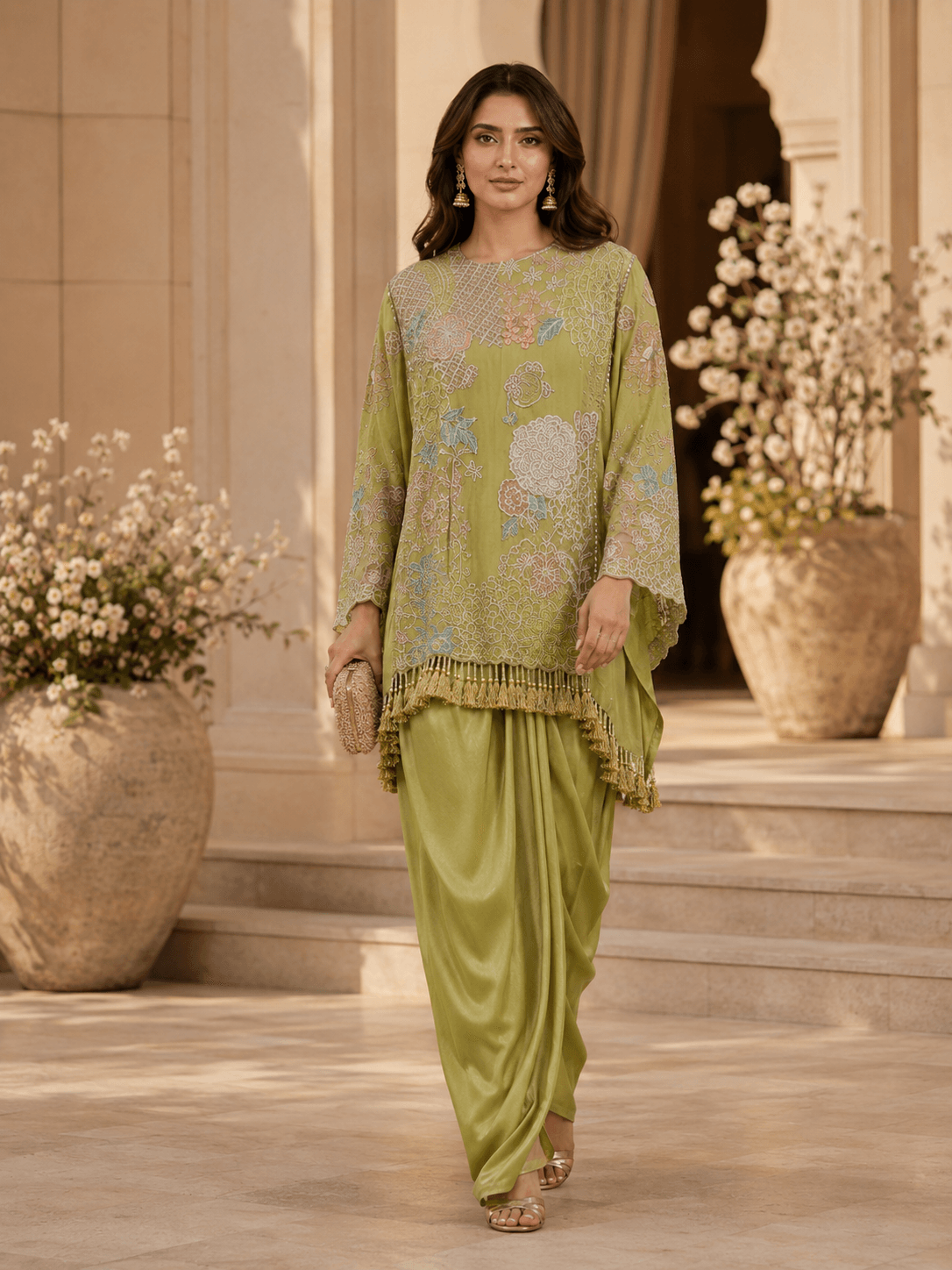 Mehfil Olive Draped LUNGI SET