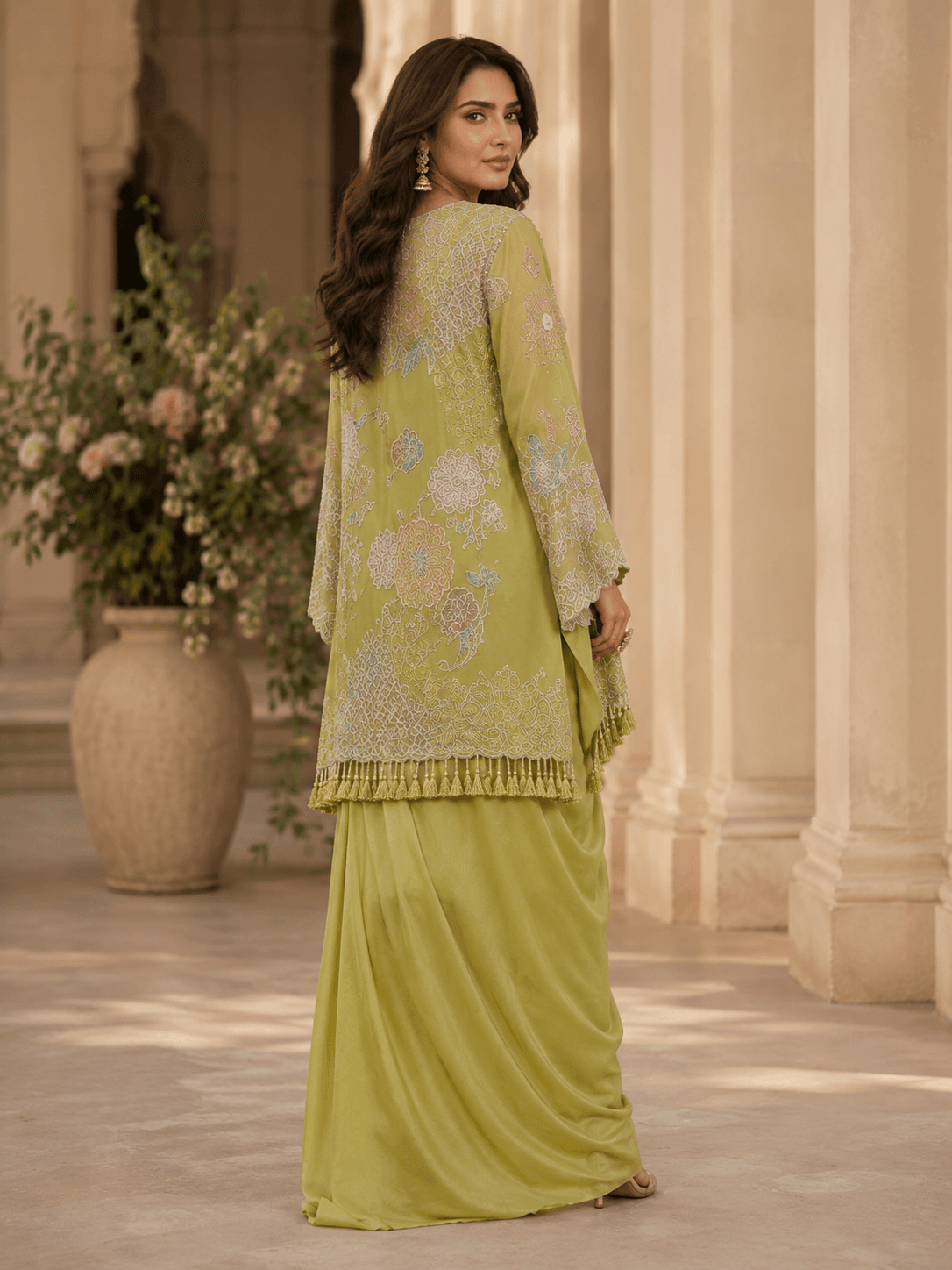 Mehfil Olive Draped LUNGI SET