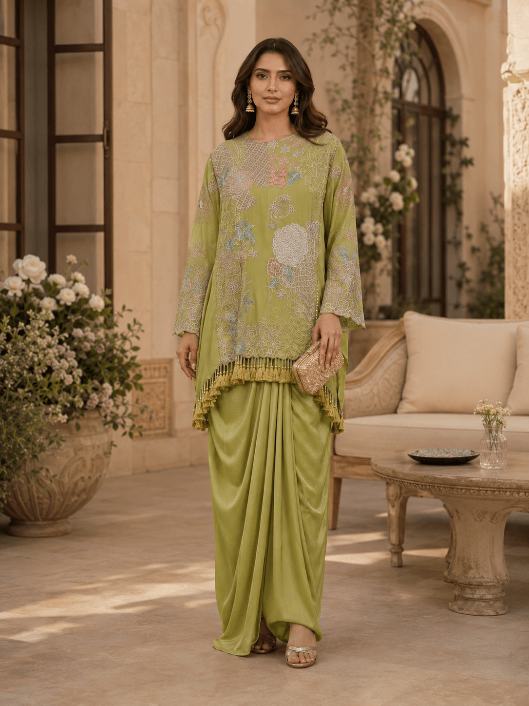Mehfil Olive Draped LUNGI SET