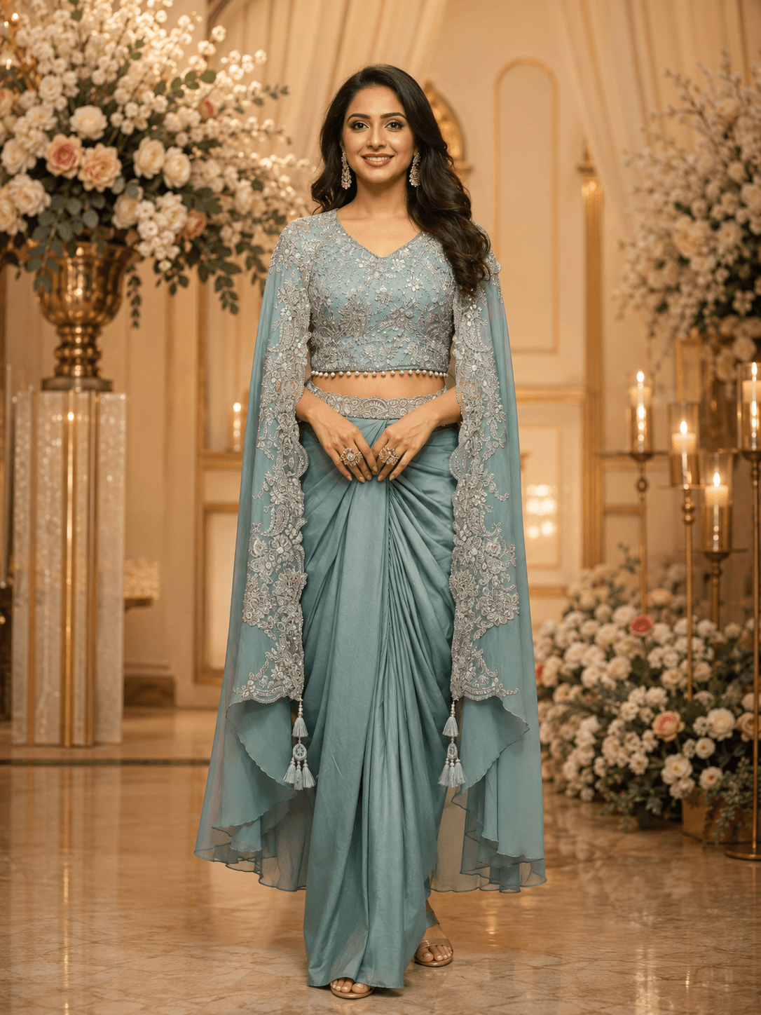 Mystic Teal Embroidered Cape-LUNGI SET