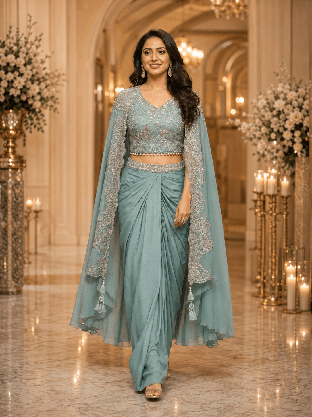 Mystic Teal Embroidered Cape-LUNGI SET