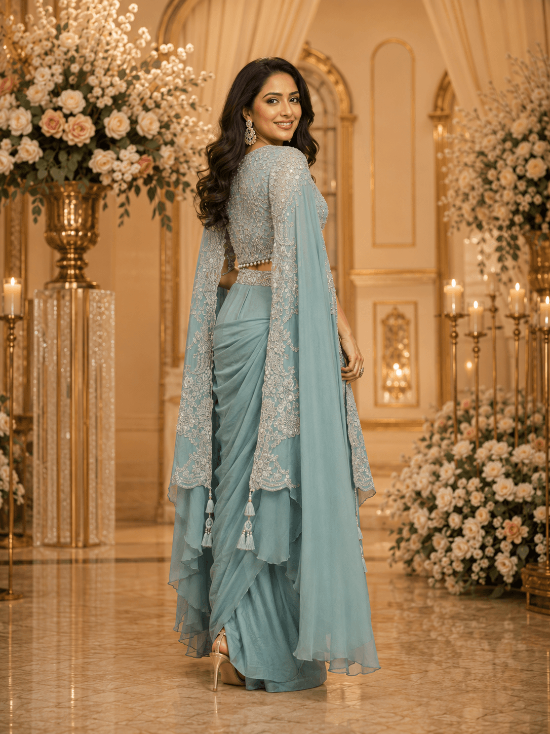 Mystic Teal Embroidered Cape-LUNGI SET