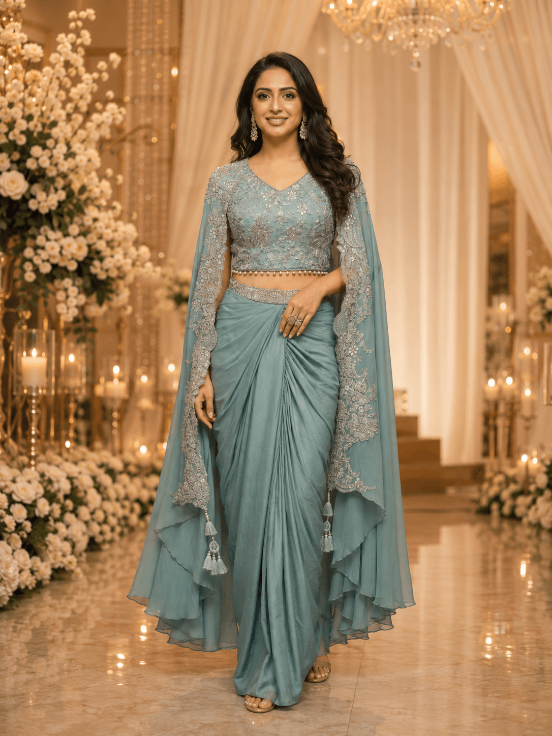Mystic Teal Embroidered Cape-LUNGI SET