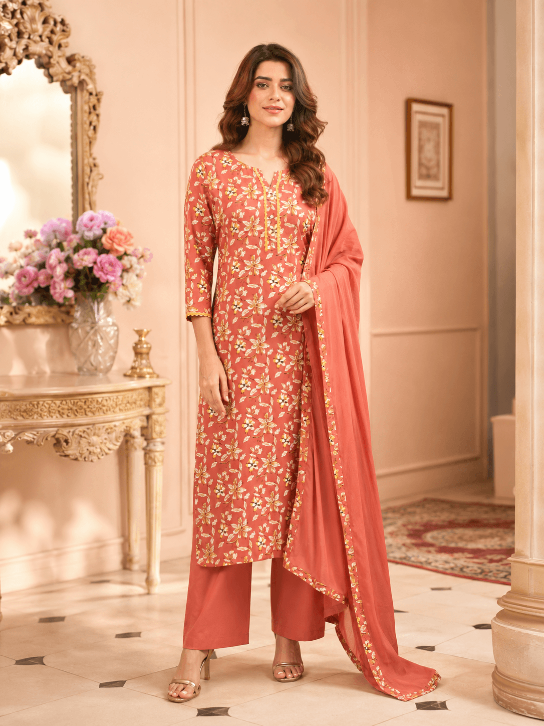 Coral Bloom Dupatta Set