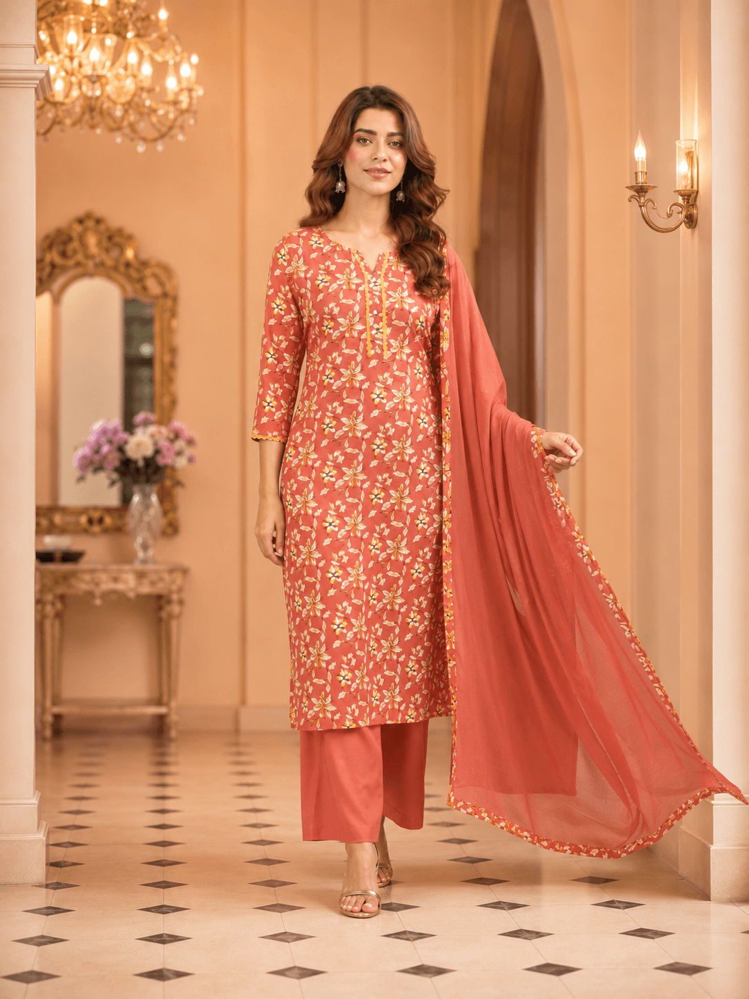 Coral Bloom Dupatta Set