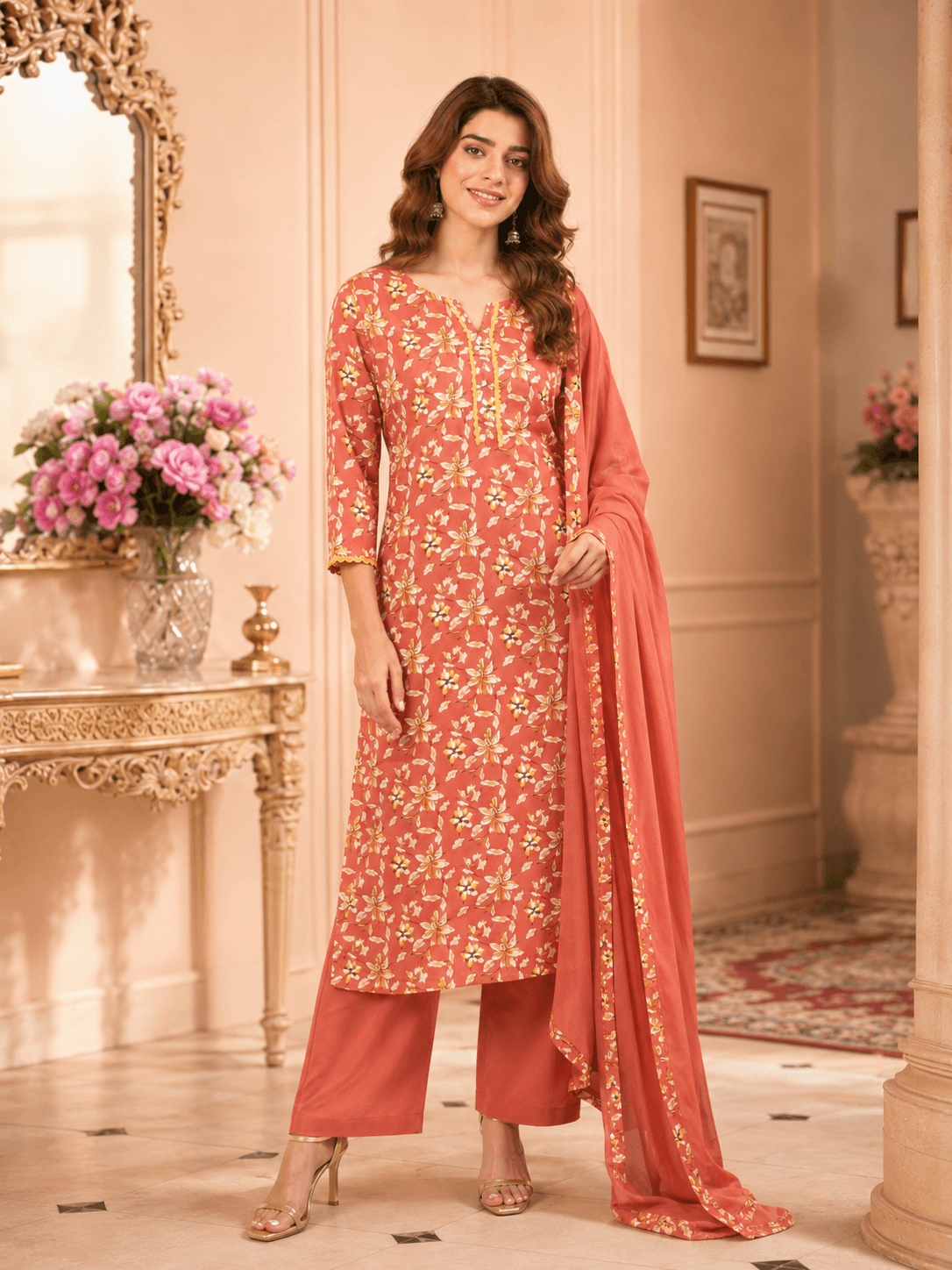 Coral Bloom Dupatta Set