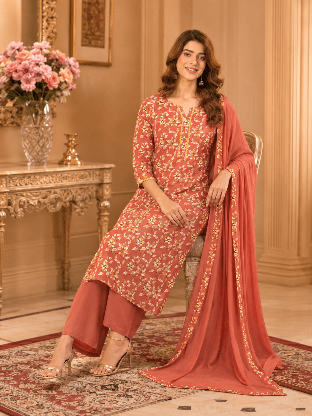 Coral Bloom Dupatta Set